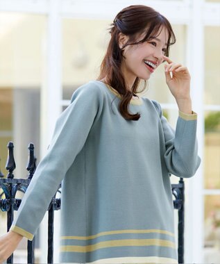 Tiaclasse L 【洗える】カラー配色ニットチュニック サックスイエロー