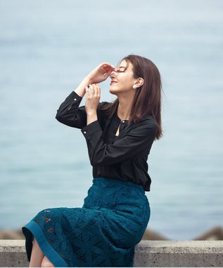 Tiaclasse L 【洗える】花柄レースマーメイドスカート ターコイズ