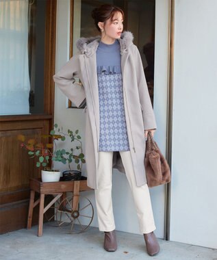 Tiaclasse 2WAYフード付きフェイクウールコート グレー