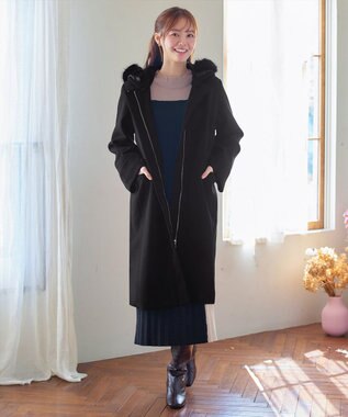 Tiaclasse 2WAYフード付きフェイクウールコート ブラック