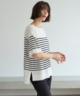 UNFILO スゴ機能 ハーフスリーブニットT オフ×ブラック