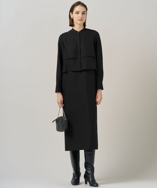 ICB 【洗える】ウールワッシャーツイル シャツドッキング ワンピース ブラック×ブラック