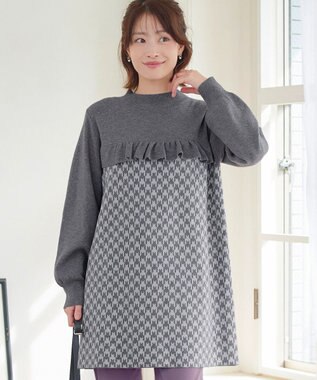 Tiaclasse L 【洗える】ジャカードフリルチュニック チャコールグレー