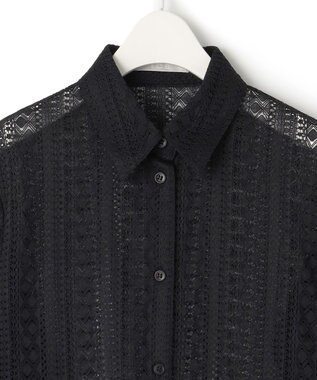 ICB 【洗える】 ストライプラッセルレース シャツ ブラック系