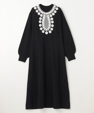 GRACE CONTINENTAL エスニック刺繍ニットワンピース ブラック
