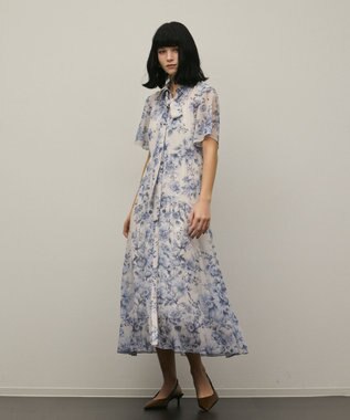 GRACE CONTINENTAL フラワープリントシャツフレアワンピース ブルー