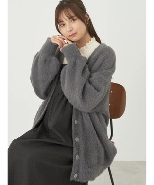 earth music&ecology ロングシャギーＶネックカーディガン Gray