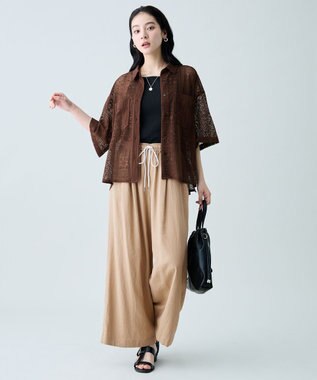 ANY レースハーフスリーブシャツ ブラウン