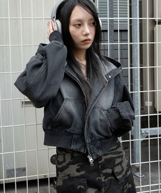 WEGO ファーフードデニムショートブルゾン デニムブラック