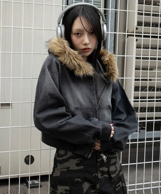 WEGO ファーフードデニムショートブルゾン デニムブラック