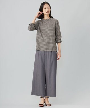 J.PRESS LADIES S 【洗える】ポリエステルヴィスコースブロックチェック フリルネック ブラウス ベージュ×ネイビー系