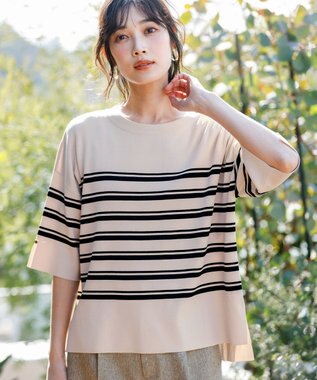 ANY SIS 【アイスタッチ】ボートネックニット プルオーバー ベージュ×ブラック