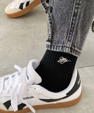 WEGO カラーロゴ刺繍アンクルパイルソックス ブラック