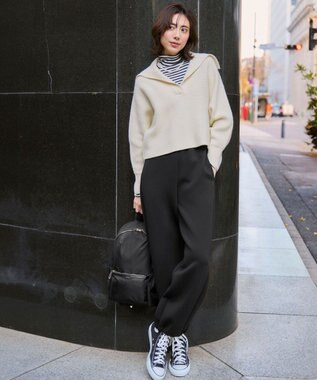 23区 S 【CLASSY.掲載/洗える】スムージーコットン タートルネック ニット オフ×チャコール系