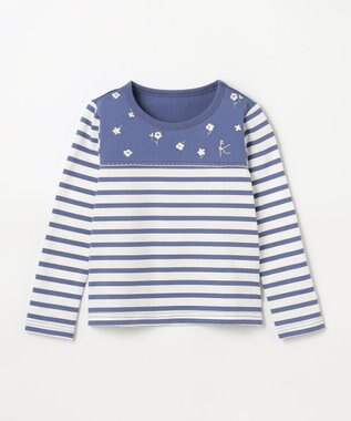 組曲 KIDS 【110-140㎝】フラワー刺繍ボーダー Tシャツ ダスクブルー系