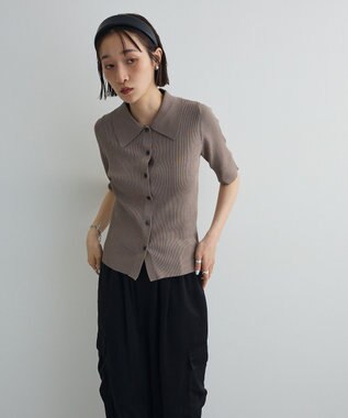 Green Parks ポロ襟5分袖リブニット Gray Beige