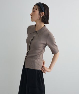 Green Parks ポロ襟5分袖リブニット Gray Beige