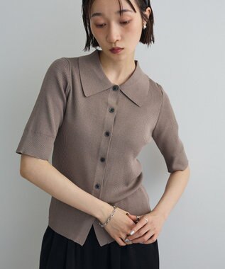 Green Parks ポロ襟5分袖リブニット Gray Beige
