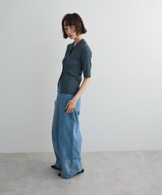 Green Parks ポロ襟5分袖リブニット Turquoise Blue