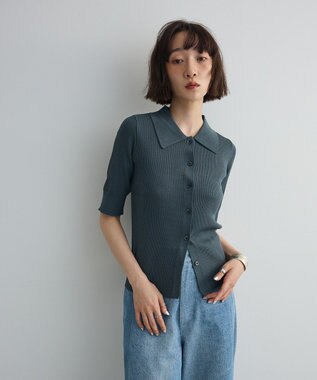 Green Parks ポロ襟5分袖リブニット Turquoise Blue