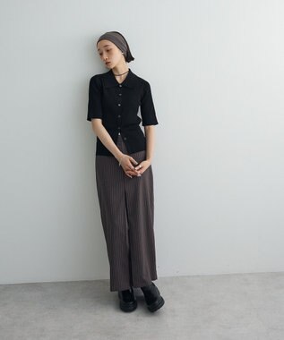 Green Parks ポロ襟5分袖リブニット Black