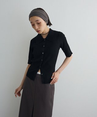 Green Parks ポロ襟5分袖リブニット Black