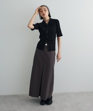 Green Parks ポロ襟5分袖リブニット Black