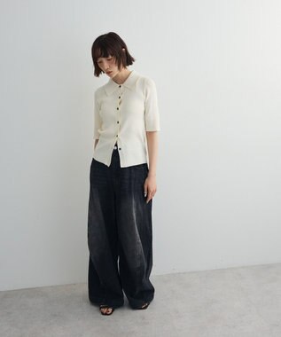 Green Parks ポロ襟5分袖リブニット Off White