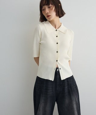 Green Parks ポロ襟5分袖リブニット Off White