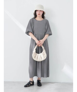 earth music&ecology ボリュームスリーブＣｈｅｃｋワンピース Black