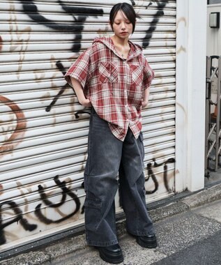 WEGO フードチェックBIGシャツ（S） レッド