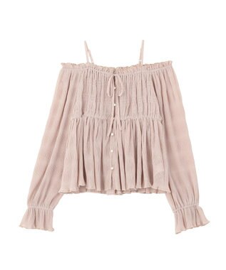 earth music&ecology 【2WAY】シャーリングフリルオフショルブラウス Pink Beige