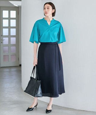 自由区 L 【洗える】ストレッチシャーティング 5分袖 フレアスリーブブラウス ブルー系1