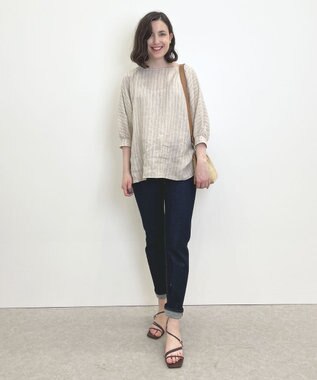 自由区 【洗える】リネンストライプ ボートネックブラウス ベージュ系1