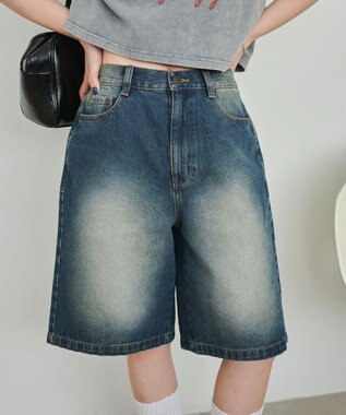 WEGO 【SMサイズ展開】ヴィンテージウォッシュデニムハーフパンツ デニム中濃色