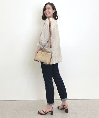 自由区 【洗える】リネンストライプ ボートネックブラウス ベージュ系1