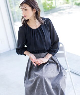 Tiaclasse 【洗える】ブラウスドッキングツイードワンピース ネイビー×ネイビー