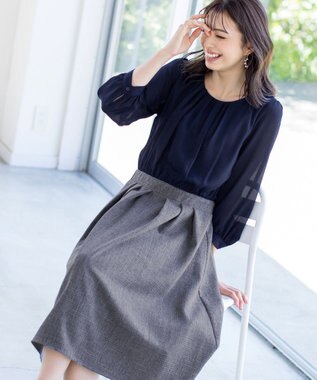 Tiaclasse 【洗える】ブラウスドッキングツイードワンピース ネイビー×ネイビー