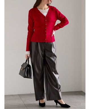 Te chichi ウェーブメタル釦Vネックリブカーディガン レッド