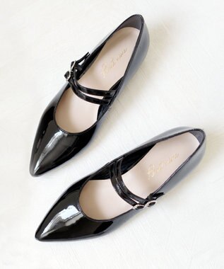 Pointer 日本製 本革ストラップ付きローヒールパンプス ブラック(エナメル)