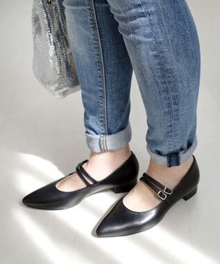 Pointer 日本製 本革ストラップ付きローヒールパンプス ブラック