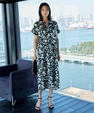 ICB 【洗える】 ウォーターフラワープリント ワンピース チャコール系柄