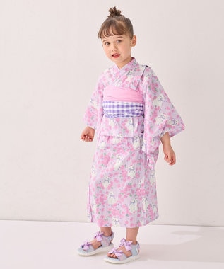 ANY KIDS 3WAY ロング丈 浴衣 セット ラベンダー×白ネコ