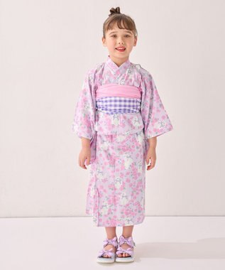 ANY KIDS 3WAY ロング丈 浴衣 セット ラベンダー×白ネコ