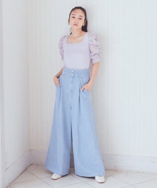 earth music&ecology ダブルベルトデザインワイドパンツ Light Indigo