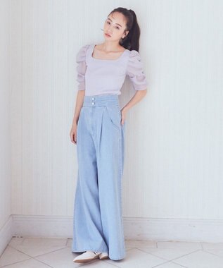 earth music&ecology ダブルベルトデザインワイドパンツ Light Indigo