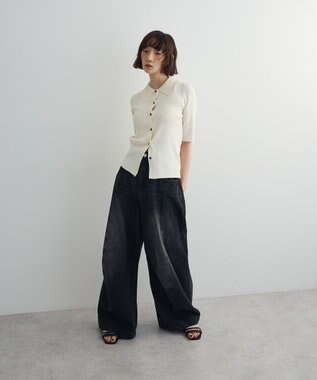 Green Parks ポロ襟5分袖リブニット Off White