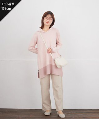Tiaclasse L メランジ配色フーディーニットチュニック ピンク