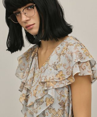 GRACE CONTINENTAL サラサプリントフリルカラーワンピース サックス