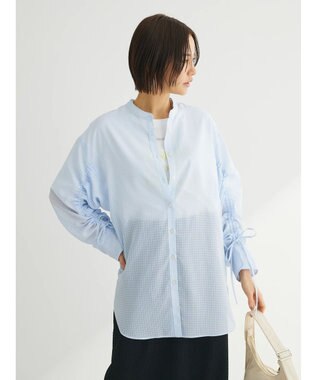 Green Parks シアーチェック袖ドロストシャツチュニック Sax